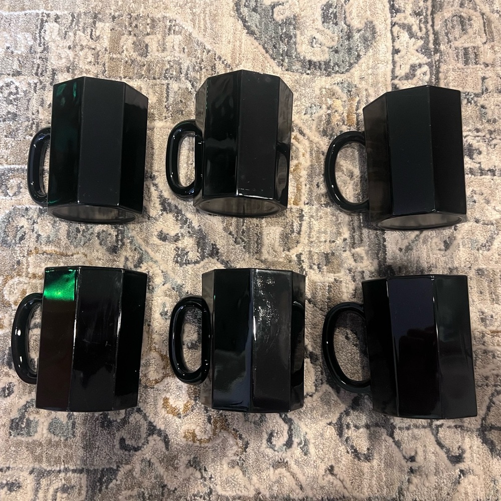 Vintage Black Octagon Glass Mugs Arcoroc France Set of 6